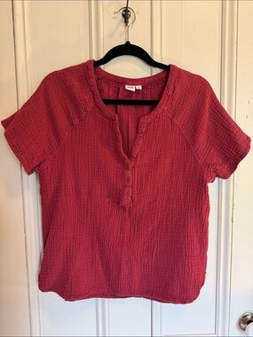 GAP Red Short-Sleeve Gauze Henley Top